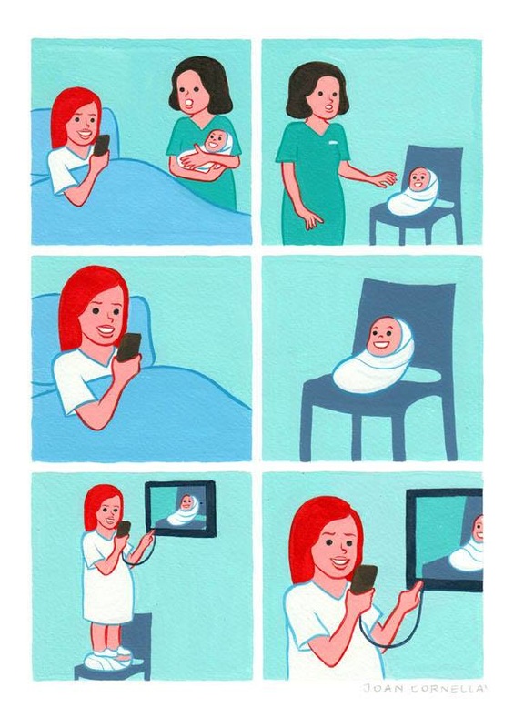 Woman stepping over her baby to reach TV, Joan Cornellà